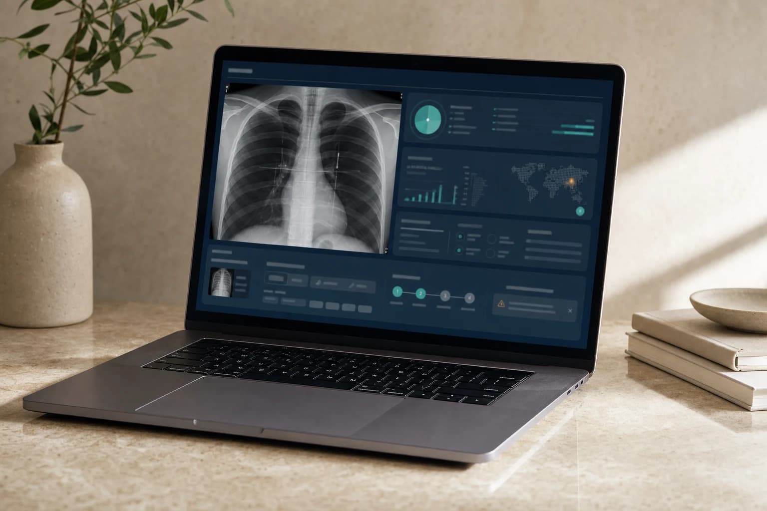 Laptop displaying a structured radiograph review workspace