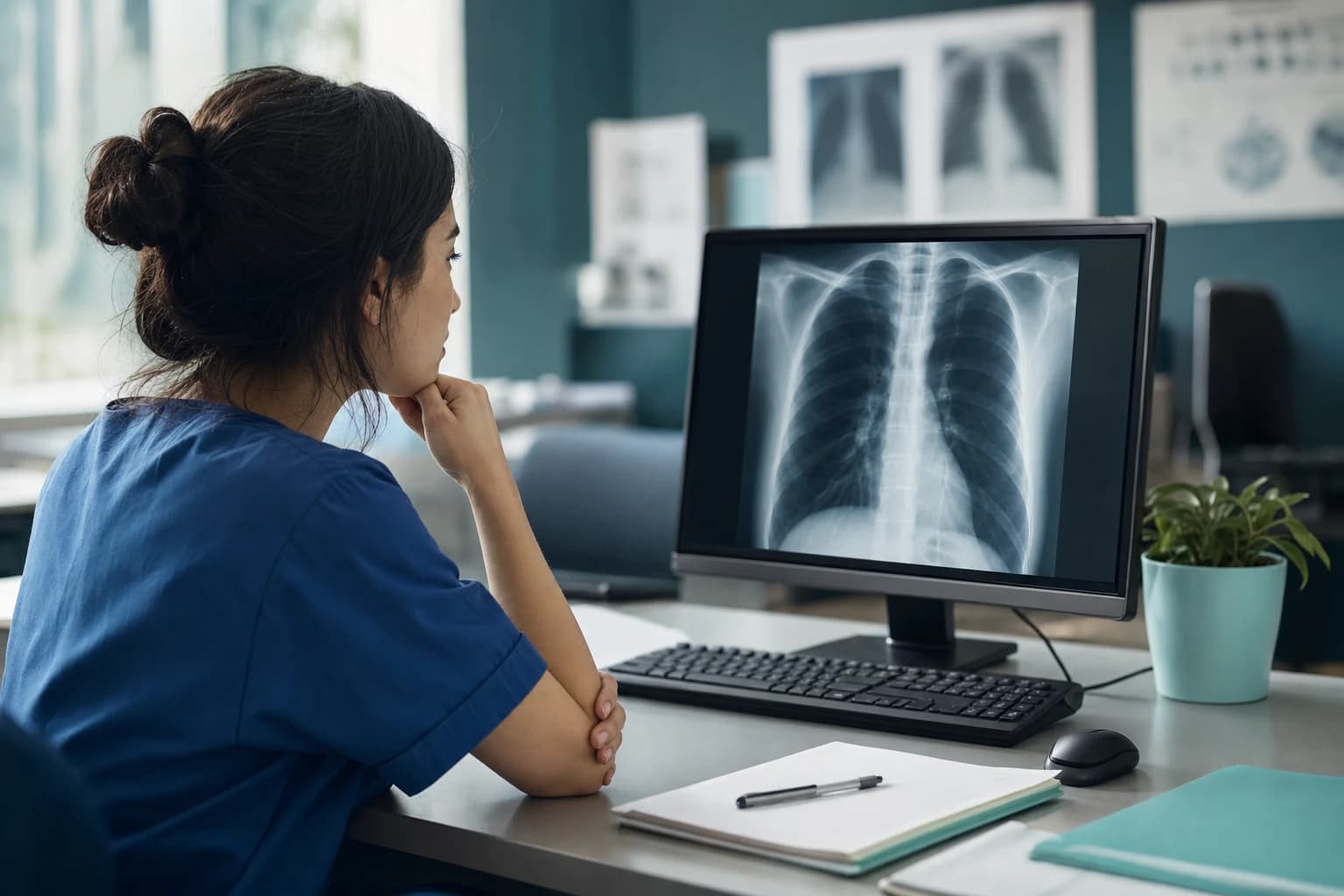 Medical trainee reviewing a chest radiograph at a workstation